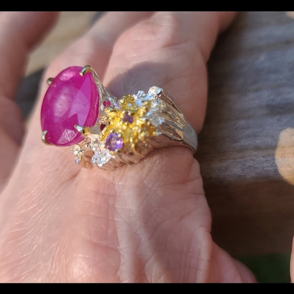 HUGE 15k Star Ruby Amethyst &Sterling & Gold 🕷 spider ring sz 8.5 - Picture 7 of 9